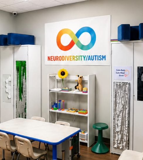 The Stellar Speech sensory room: a child-size table and chairs, shelves of toys and a soft yellow seat